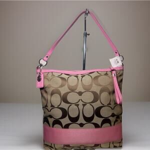 NWT Coach Signature Stripe Large Shoulder Bag F23770E Khaki/Pink